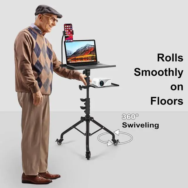 Alt view image 7 of 7 - Laptop Tripod on Wheels with 2 Shelves, Portable Projector Floor Stand Adjustable Height 25.9 to 51.8 Inch with Phone Holder