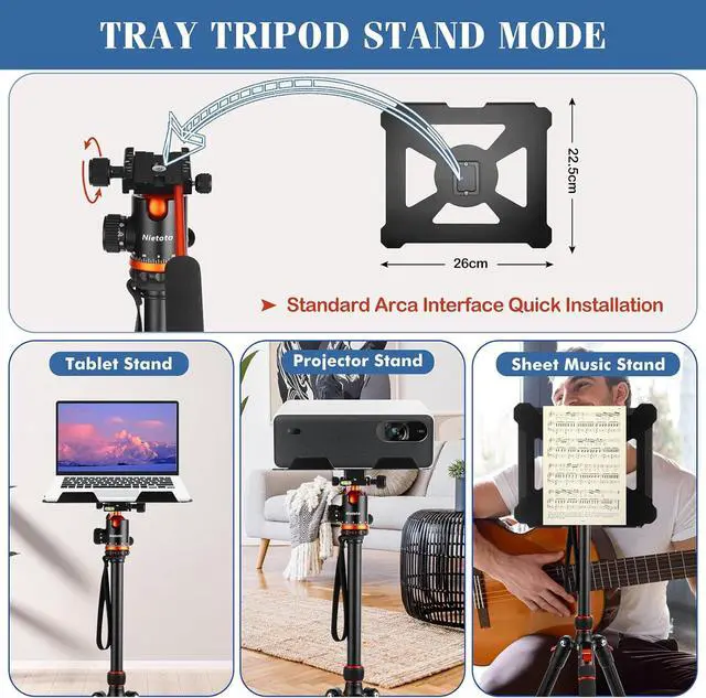 Alt view image 3 of 7 - Tripod for Camera with Handle, 2 in1 Camera Tripods & Monopods with Removable Tray, Heavy Duty Tripod for DSLR Camera Projector and Sheet Music, Extra Metal Spikes and Carry Bag.
