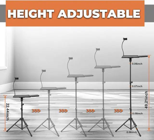 Alt view image 2 of 7 - Projector Stand Tripod With Mouse Tray  Laptop Projector Tripod Stand Adjustable Height 23.4" to 48.3" With Gooseneck Phone Holder - Perfect Tripod for Office, Home, Outdoor DJ Equipment