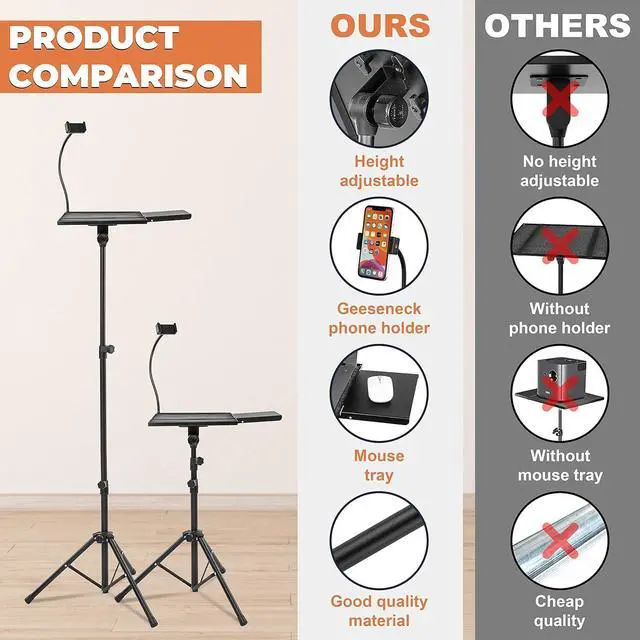 Alt view image 5 of 7 - Projector Stand Tripod With Mouse Tray  Laptop Projector Tripod Stand Adjustable Height 23.4" to 48.3" With Gooseneck Phone Holder - Perfect Tripod for Office, Home, Outdoor DJ Equipment