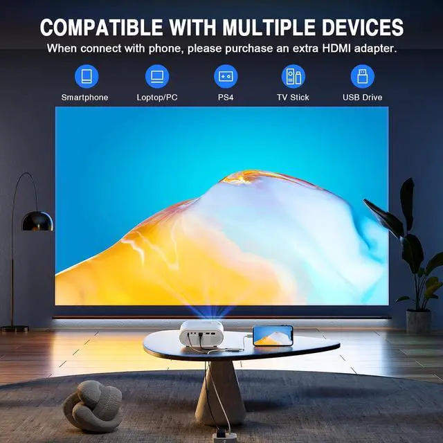 Alt view image 6 of 7 - Mini Projector, VISSPL Full HD 1080P Video Projector, Portable Outdoor Projector with Tripod, Kids Gift, Home Theater Movie Phone Projector Compatible with Android/iOS/Windows/TV Stick/HDMI/USB