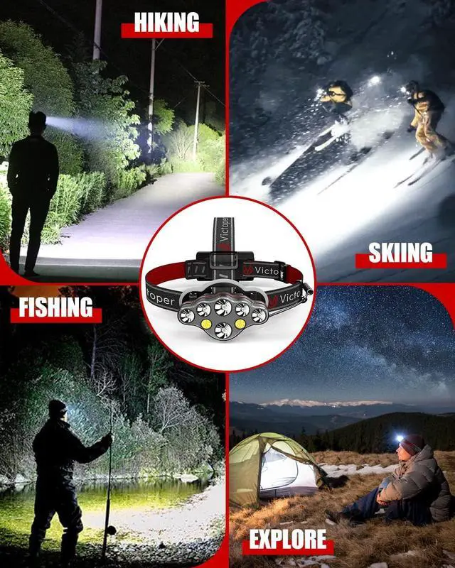 Alt view image 7 of 7 - Rechargeable Headlamp 4 Pack, 8 LED 18000 High Lumen Bright Head Lamp with Red Light, Lightweight USB Head Light, 8 Mode Waterproof Head Flashlight for Outdoor Running Hunting Hiking Camping
