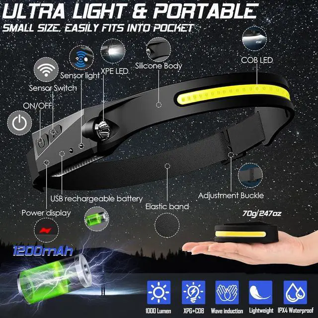 Alt view image 3 of 7 - Headlamp Rechargeable 8 Pack, LED Headlight Flashlight Super Bright with 230° Wide Beam, Motion Sensor, 5 Modes Waterproof Head Lamp for Outdoor Hiking Running Camping