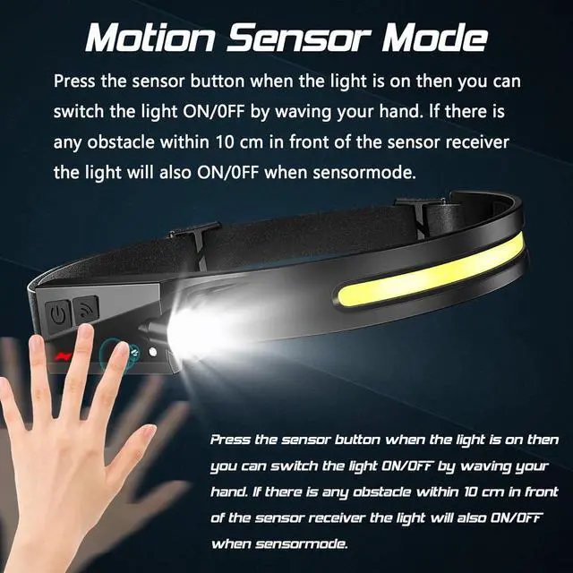 Alt view image 6 of 7 - Headlamp Rechargeable 8 Pack, LED Headlight Flashlight Super Bright with 230° Wide Beam, Motion Sensor, 5 Modes Waterproof Head Lamp for Outdoor Hiking Running Camping