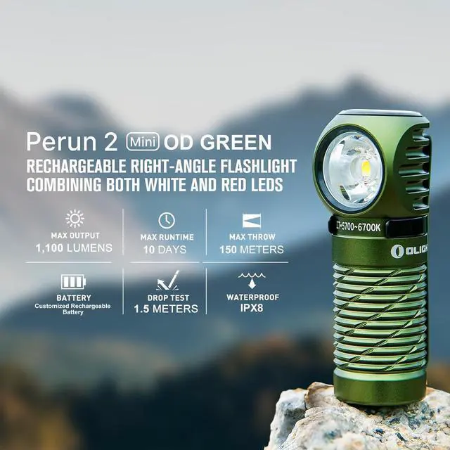 Alt view image 2 of 7 - Perun 2 Mini Headlamp 1100 Lumens LED Head Flashlight, Rechargeable Headlight with Red Light Option, Great for Working, Hiking, Camping and Climbing (OD Green Cool Whtie Light: 5700~6700K)