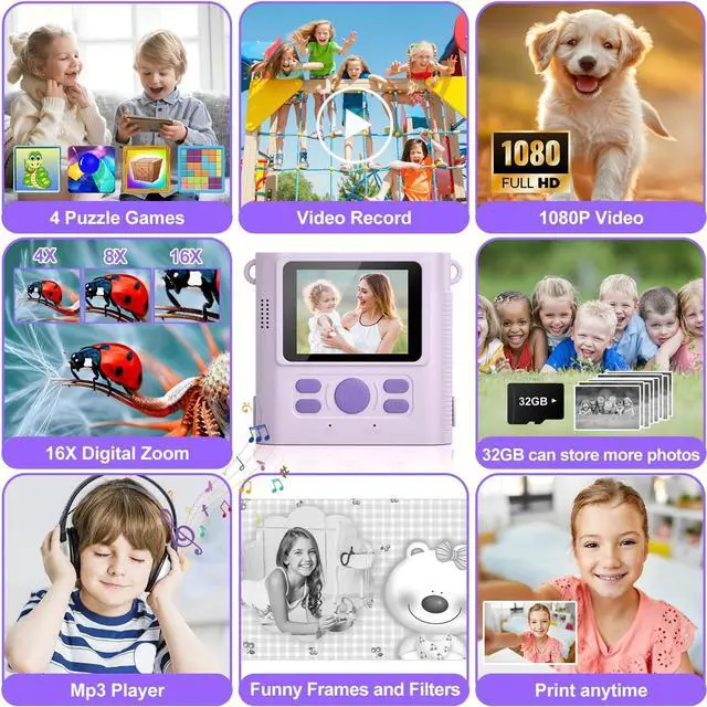 Alt view image 2 of 6 - Kids Camera Instant Print, for Kids Teen, HD 1080P Digital Video Toddler Camera with 32GB Card, Portable Birthday Toy for Ages 3 4 5 6 7 8 9 10 11 12 Year Old Girls Boys