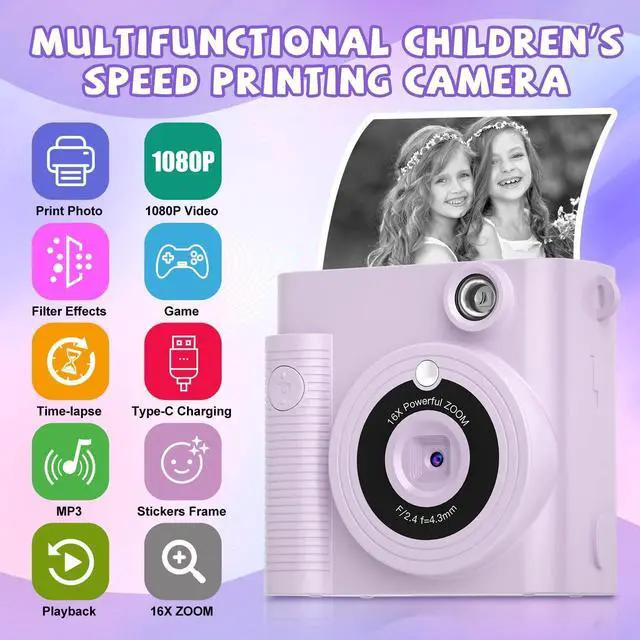 Alt view image 3 of 6 - Kids Camera Instant Print, for Kids Teen, HD 1080P Digital Video Toddler Camera with 32GB Card, Portable Birthday Toy for Ages 3 4 5 6 7 8 9 10 11 12 Year Old Girls Boys