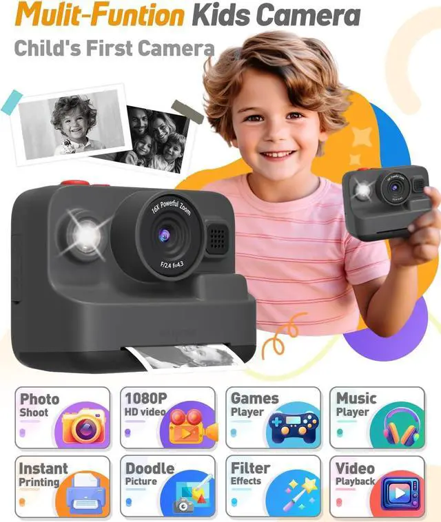 Alt view image 2 of 6 - Kids Camera Instant Print, Christmas Birthday Gifts for 3-12 Year Old Boys Girls, 2.4in Screen 1080P Kids Digital Camera Toys for Kids Age 3 4 5 6 7 8 9 10 with 3 Rolls Print Paper 32G Card