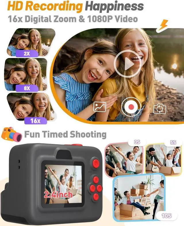 Alt view image 3 of 6 - Kids Camera Instant Print, Christmas Birthday Gifts for 3-12 Year Old Boys Girls, 2.4in Screen 1080P Kids Digital Camera Toys for Kids Age 3 4 5 6 7 8 9 10 with 3 Rolls Print Paper 32G Card