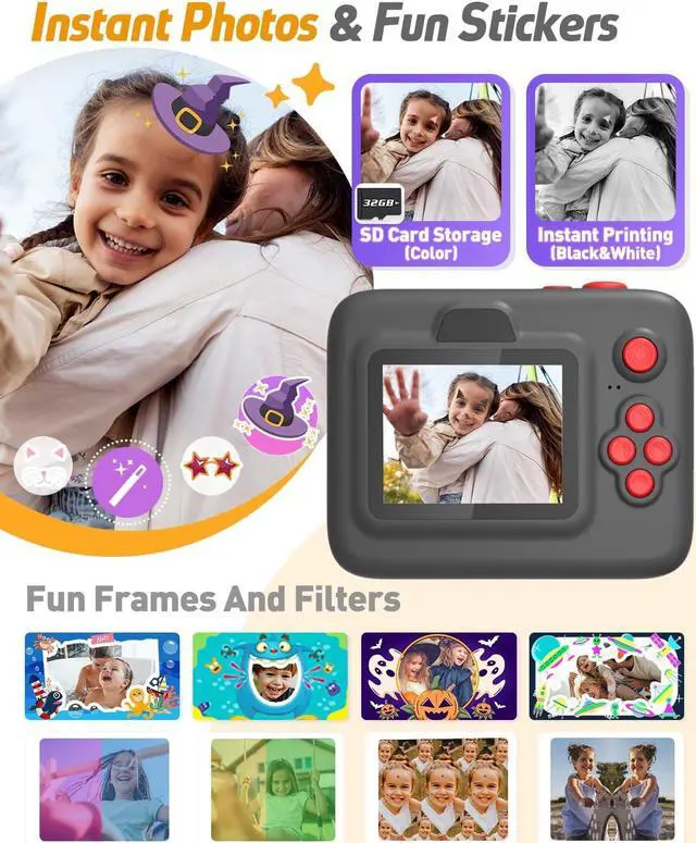 Alt view image 4 of 6 - Kids Camera Instant Print, Christmas Birthday Gifts for 3-12 Year Old Boys Girls, 2.4in Screen 1080P Kids Digital Camera Toys for Kids Age 3 4 5 6 7 8 9 10 with 3 Rolls Print Paper 32G Card