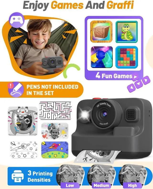Alt view image 5 of 6 - Kids Camera Instant Print, Christmas Birthday Gifts for 3-12 Year Old Boys Girls, 2.4in Screen 1080P Kids Digital Camera Toys for Kids Age 3 4 5 6 7 8 9 10 with 3 Rolls Print Paper 32G Card