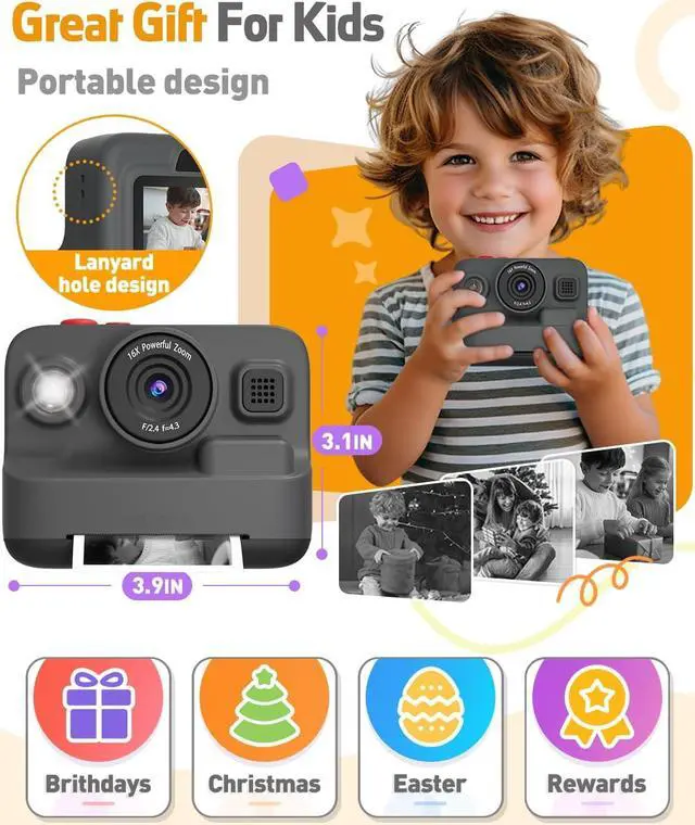 Alt view image 6 of 6 - Kids Camera Instant Print, Christmas Birthday Gifts for 3-12 Year Old Boys Girls, 2.4in Screen 1080P Kids Digital Camera Toys for Kids Age 3 4 5 6 7 8 9 10 with 3 Rolls Print Paper 32G Card
