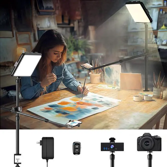 Main image of Ultra Bright Ring Light with Overhead Phone Camera Mount-Desk Clamp Key Light for Video Recording/Streaming/Filming/Photography,Desktop Lighting Kit with Tripod Stand&Phone Holder for Tiktok/YouTube