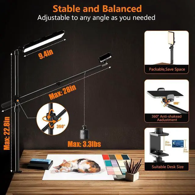 Alt view image 7 of 7 - Ultra Bright Ring Light with Overhead Phone Camera Mount-Desk Clamp Key Light for Video Recording/Streaming/Filming/Photography,Desktop Lighting Kit with Tripod Stand&Phone Holder for Tiktok/YouTube