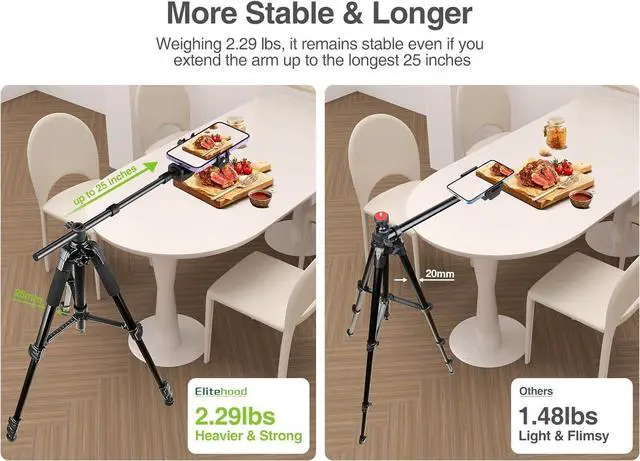Alt view image 2 of 7 - Newest Ultra-Stable Overhead Tripod for iPhone  Heavy Duty Aluminum Tripod & 25in Horizontal Long Phone Arm, Tall Phone Stand Mount for Recording, 360°Adjustable iPhone Tripod Stand