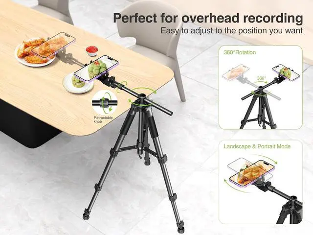 Alt view image 3 of 7 - Newest Ultra-Stable Overhead Tripod for iPhone  Heavy Duty Aluminum Tripod & 25in Horizontal Long Phone Arm, Tall Phone Stand Mount for Recording, 360°Adjustable iPhone Tripod Stand