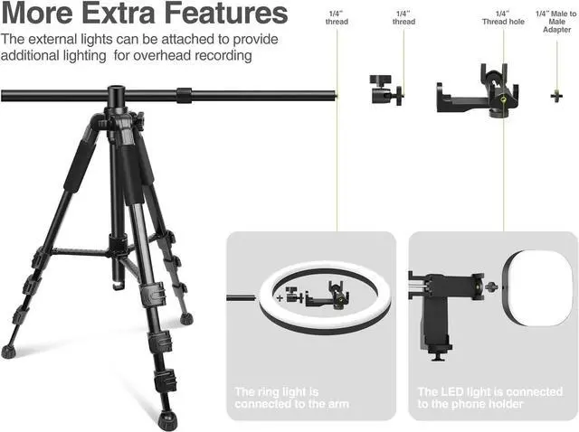 Alt view image 5 of 7 - Newest Ultra-Stable Overhead Tripod for iPhone  Heavy Duty Aluminum Tripod & 25in Horizontal Long Phone Arm, Tall Phone Stand Mount for Recording, 360°Adjustable iPhone Tripod Stand