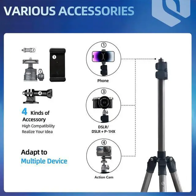 Alt view image 3 of 7 - Photography Light Stand, Ultra Tall N-in-1 Light Stand with Ball Head Phone Mount Actioncam Adapter, Compact Travel Tripod, Camera Light Stand for DSLR Light Phone Reflector Softbox