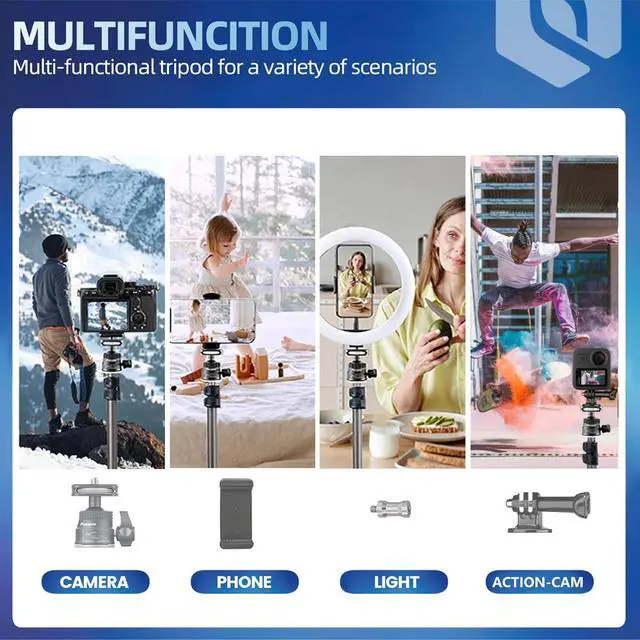 Alt view image 6 of 7 - Photography Light Stand, Ultra Tall N-in-1 Light Stand with Ball Head Phone Mount Actioncam Adapter, Compact Travel Tripod, Camera Light Stand for DSLR Light Phone Reflector Softbox