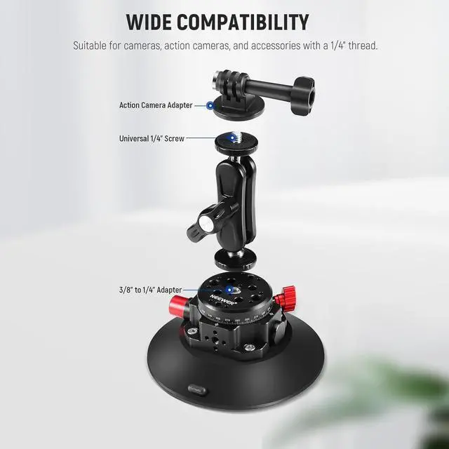 Alt view image 3 of 7 - Suction Cup Camera Mount with Ball Head Magic Arm, 2 Pack Metal Car Mount for Camera/Action Camera/Phone, Air Pump Vacuum on Car or Window Glass with 1/4" 3/8" ARRI Mounting Holes, CA013