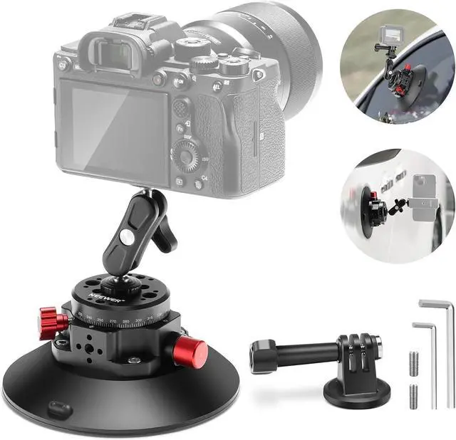 Main image of Suction Cup Camera Mount with Ball Head Magic Arm, 2 Pack Metal Car Mount for Camera/Action Camera/Phone, Air Pump Vacuum on Car or Window Glass with 1/4" 3/8" ARRI Mounting Holes, CA013