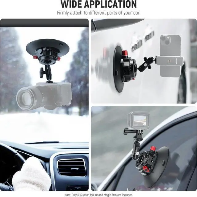 Alt view image 4 of 7 - Suction Cup Camera Mount with Ball Head Magic Arm, 2 Pack Metal Car Mount for Camera/Action Camera/Phone, Air Pump Vacuum on Car or Window Glass with 1/4" 3/8" ARRI Mounting Holes, CA013