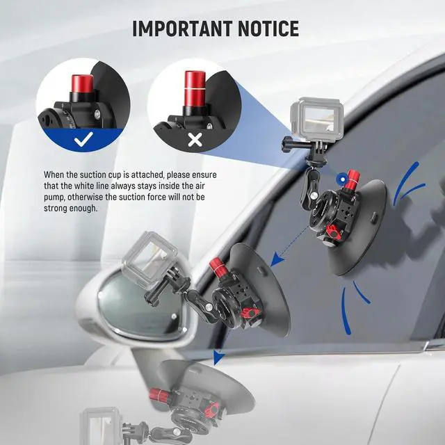 Alt view image 6 of 7 - Suction Cup Camera Mount with Ball Head Magic Arm, 2 Pack Metal Car Mount for Camera/Action Camera/Phone, Air Pump Vacuum on Car or Window Glass with 1/4" 3/8" ARRI Mounting Holes, CA013