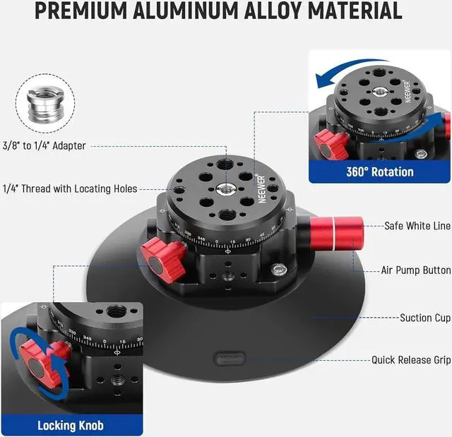 Alt view image 7 of 7 - Suction Cup Camera Mount with Ball Head Magic Arm, 2 Pack Metal Car Mount for Camera/Action Camera/Phone, Air Pump Vacuum on Car or Window Glass with 1/4" 3/8" ARRI Mounting Holes, CA013