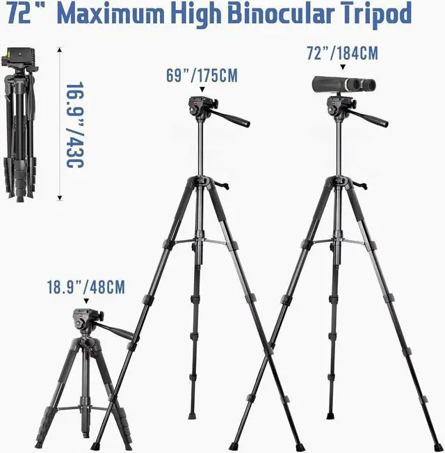Alt view image 2 of 7 - 72 Spotting Scope Tripod Stand with Binocular Adapter and 2 QR Plates, Travel Camera Tripod with Phone Holder/Carry Bag, Compatible with Binoculars/Spotting Scope/Camera/Phone