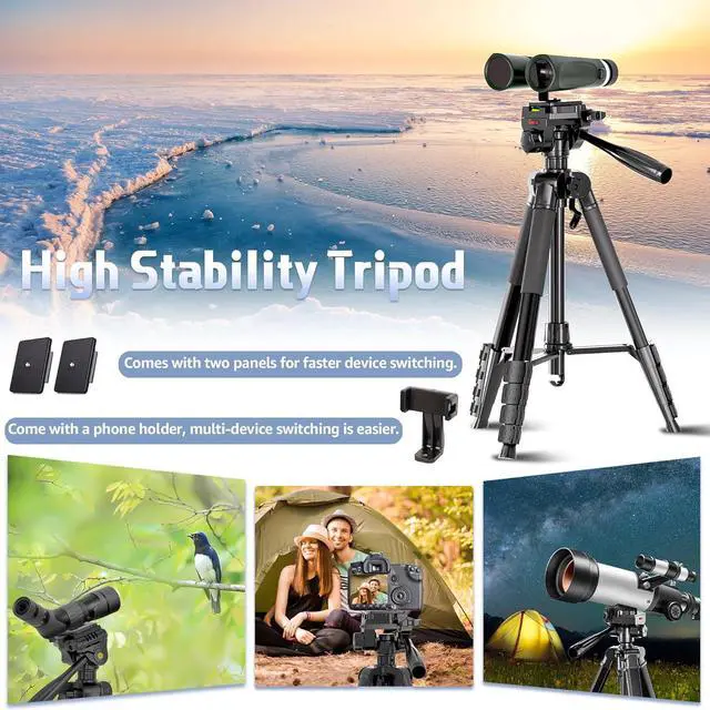 Alt view image 4 of 7 - 72 Spotting Scope Tripod Stand with Binocular Adapter and 2 QR Plates, Travel Camera Tripod with Phone Holder/Carry Bag, Compatible with Binoculars/Spotting Scope/Camera/Phone
