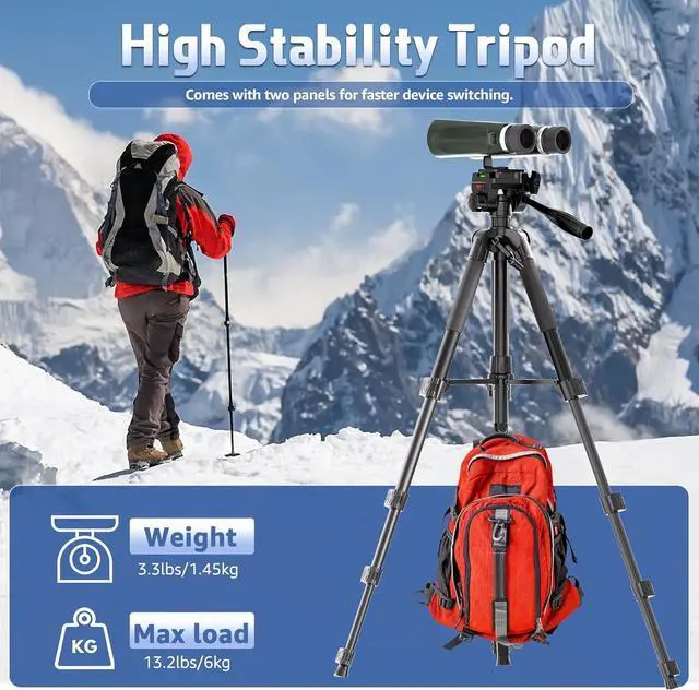 Alt view image 5 of 7 - 72 Spotting Scope Tripod Stand with Binocular Adapter and 2 QR Plates, Travel Camera Tripod with Phone Holder/Carry Bag, Compatible with Binoculars/Spotting Scope/Camera/Phone