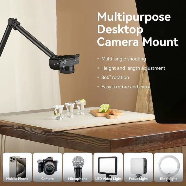 Alt view image 4 of 7 - Overhead Camera Mount, Camera Desk Mount Stand with Flexible Arm, 360° Rotatable Ball Head, DSLR Boom Arm Tabletop C Clamp for Photography Videography Live Stream - 4456