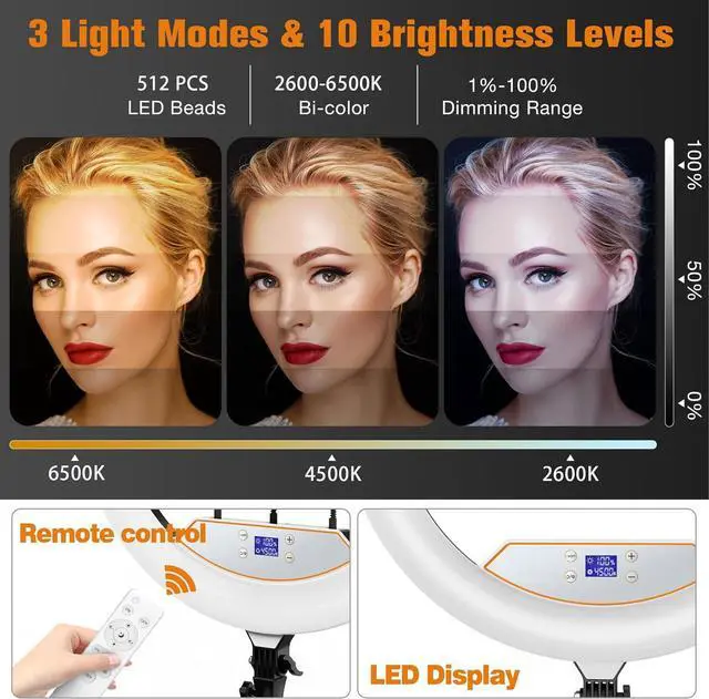Alt view image 3 of 7 - Ring Light with Stand,Ring Light Tripod for iPhone,with 75"Tripod/LCD Display/4 Phone Clips/2 USB Ports,Adjustable 2600K-6500K Color Temperature,for Barber Makeup Tattoo TikTok Video Recording Vlog
