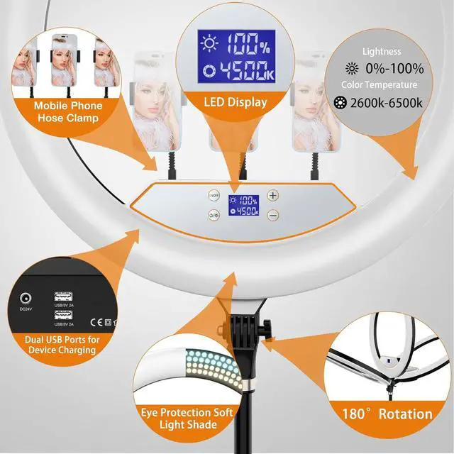 Alt view image 5 of 7 - Ring Light with Stand,Ring Light Tripod for iPhone,with 75"Tripod/LCD Display/4 Phone Clips/2 USB Ports,Adjustable 2600K-6500K Color Temperature,for Barber Makeup Tattoo TikTok Video Recording Vlog