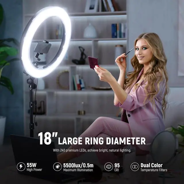 Alt view image 6 of 7 - 55W 18"/45cm Ring Light Kit [New Version], 5600K 0-100% Dimming LED Selfie Light with Light Stand and Phone Holder for Makeup Lash Tattoo Barber Vlog Studio Video Photography Lighting, RL-18