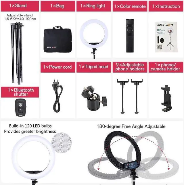 Alt view image 5 of 7 - 18 inch LED Ring Light with Tripod Stand Dimmable Makeup Selfie Ring light for Studio Portrait YouTube Vlog Video Shooting with Carrying Bag and Remote Controller, CRI 90