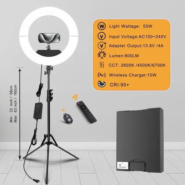Alt view image 3 of 7 - Ring Light Kit:18"/45cm Outer 55W6700k Dimmable LED Light, Tripod Stand, Remote Controller,Box for Camera,Smartphone,YouTube,TikTok,Self-Portrait Shooting,CRI90,Black