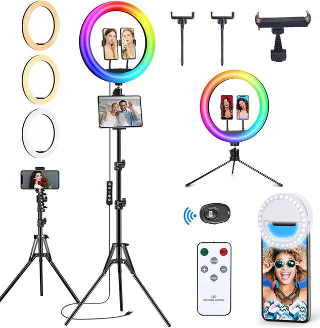 Main image of Selfie Ring Light with 76" Stand and 3 Phone Holder, 53 Lighting Modes, iPad Holder, Remote, Desk Tripod, RGB Ringlight for iPhone. Vlogging Circle Led Halo Light Photo Video Kit