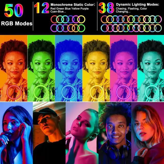 Alt view image 3 of 6 - Selfie Ring Light with 76" Stand and 3 Phone Holder, 53 Lighting Modes, iPad Holder, Remote, Desk Tripod, RGB Ringlight for iPhone. Vlogging Circle Led Halo Light Photo Video Kit