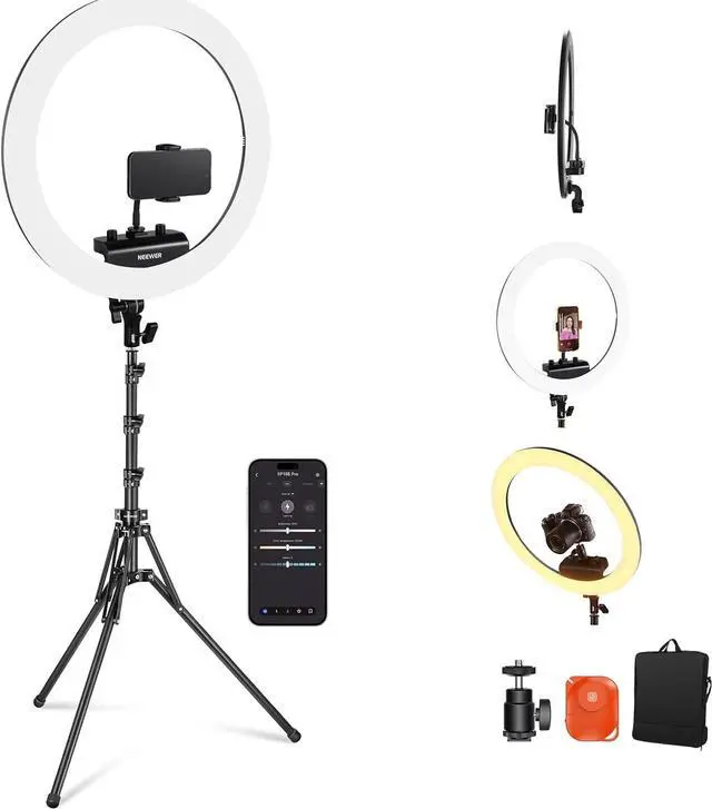 Main image of Professional Ring Light with Stand and Phone Holder, 18 inch Ultra Thin, 45W 2900K-7000K TLCI98, Remote Shutter & App Control, Softer Lighting for Makeup Live Stream TikTok, RP18B Pro Black