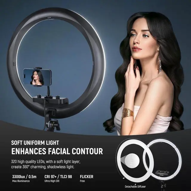 Alt view image 3 of 7 - Professional Ring Light with Stand and Phone Holder, 18 inch Ultra Thin, 45W 2900K-7000K TLCI98, Remote Shutter & App Control, Softer Lighting for Makeup Live Stream TikTok, RP18B Pro Black
