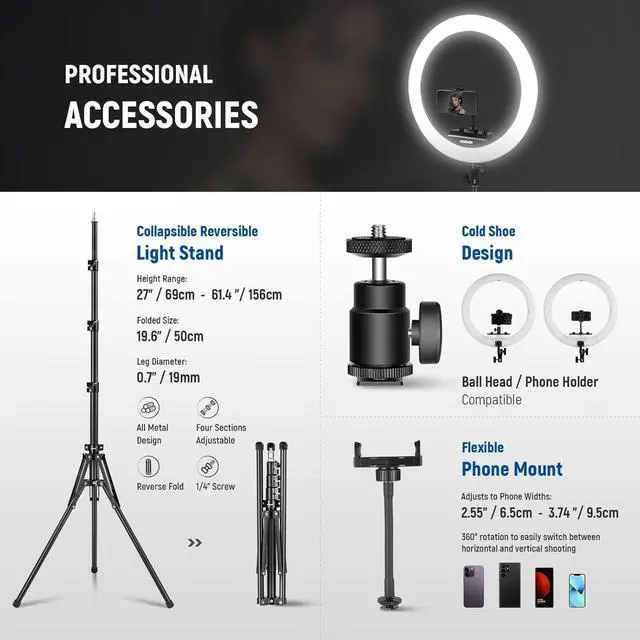 Alt view image 7 of 7 - Professional Ring Light with Stand and Phone Holder, 18 inch Ultra Thin, 45W 2900K-7000K TLCI98, Remote Shutter & App Control, Softer Lighting for Makeup Live Stream TikTok, RP18B Pro Black