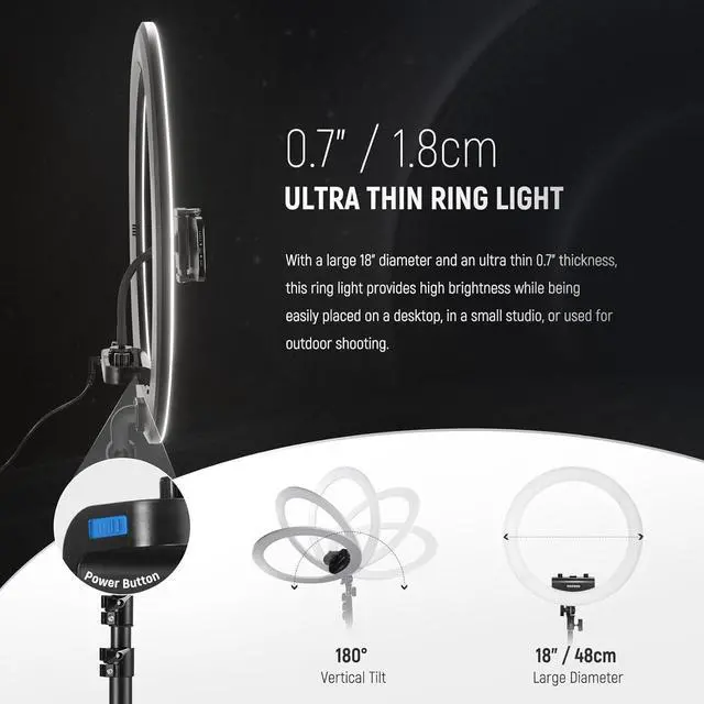 Alt view image 2 of 7 - Professional Ring Light with Stand and Phone Holder, 18 inch Ultra Thin, 45W 2900K-7000K TLCI98, Remote Shutter & App Control, Softer Lighting for Makeup Live Stream TikTok, RP18B Pro Black