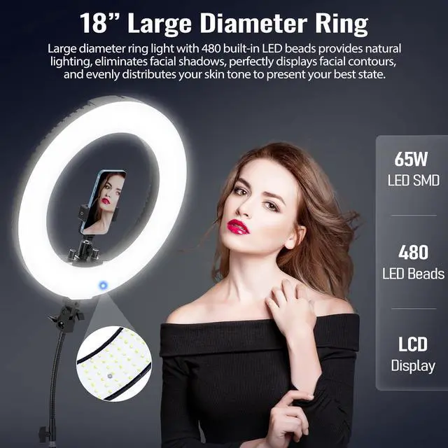 Alt view image 2 of 7 - 18-inch Ring Light with Stand, 65W Big Adjustable 3200-5500K LED Ringlight with Ultra-wide Lighting Area for Camera Photography, YouTube Videos, Makeup, Kit: Phone Holder, Remote, Soft Tube, etc