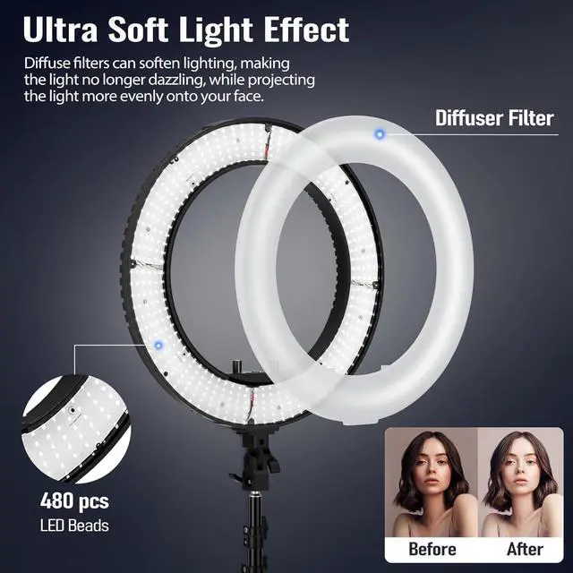 Alt view image 4 of 7 - 18-inch Ring Light with Stand, 65W Big Adjustable 3200-5500K LED Ringlight with Ultra-wide Lighting Area for Camera Photography, YouTube Videos, Makeup, Kit: Phone Holder, Remote, Soft Tube, etc
