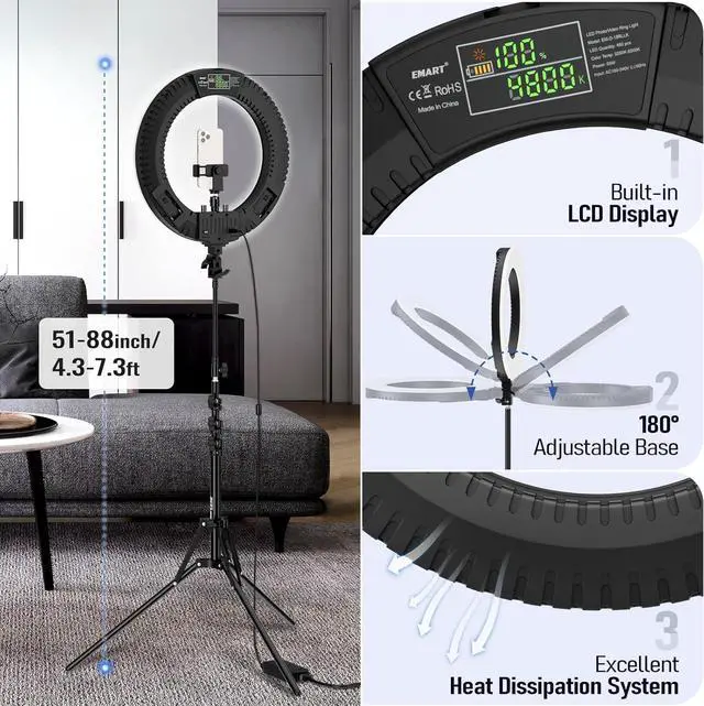 Alt view image 6 of 7 - 18-inch Ring Light with Stand, 65W Big Adjustable 3200-5500K LED Ringlight with Ultra-wide Lighting Area for Camera Photography, YouTube Videos, Makeup, Kit: Phone Holder, Remote, Soft Tube, etc
