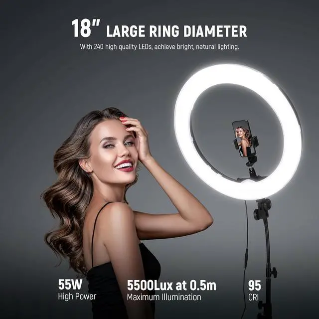Alt view image 2 of 7 - Ring Light with Stand, 55W 5600K Large LED Ringlight with Cold Shoe and Phone Holder for Smartphone Camera Photography, Live Stream, Selfie, Makeup, Studio Photo Video Recording, RL-18
