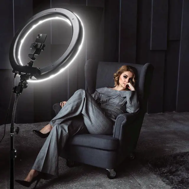 Alt view image 5 of 7 - Ring Light with Stand, 55W 5600K Large LED Ringlight with Cold Shoe and Phone Holder for Smartphone Camera Photography, Live Stream, Selfie, Makeup, Studio Photo Video Recording, RL-18