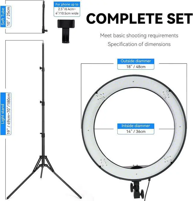 Alt view image 2 of 7 - 18-Inch Ring Light, 55W Dimmable 5500K Light with 240 LEDs Color Filter, Soft Tube and Carrying Bag for YouTube, TikTok, Selfies and Photography, Compatible with Camera and Smartphones