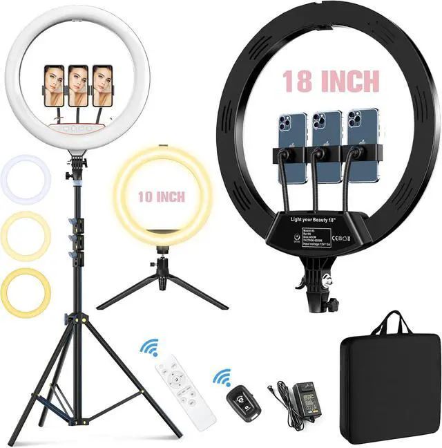 Main image of 18+10 Ring Light, 2PCS Led Ring Light Kit for iPhone with Tripod Stand and 3 Phone Holders, Adjustable 2700-6500K, Selfie Ring Light with Remote for TikTok, YouTube, Camera, Video, Live Stream